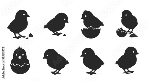 Collection of black silhouette chicks in various poses and stages of hatching from eggs, Generative AI.
