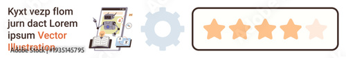 Customer feedback, user ratings, technology workflow, digital app tools, evaluation process, online reviews. Gear icon, tablet user ratings and star system. Customer feedback and user ratings