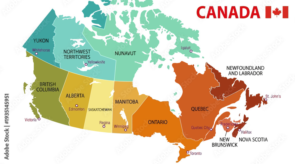 Obraz premium Canada Political Map: Provinces, Territories, and Capital Cities. Detailed vector illustration showing Canadian administrative divisions, vibrant colors, and clear labels.
