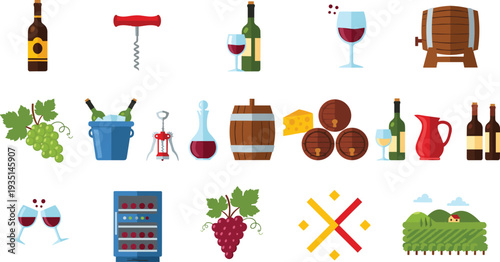 Wine and vineyard icon collection with bottle glass barrel grapes corkscrew and winery equipment vector illustration set.