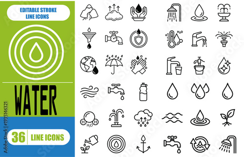 icon set. water treatment, save water, water bottle and more. line icon style. essential element illustration 