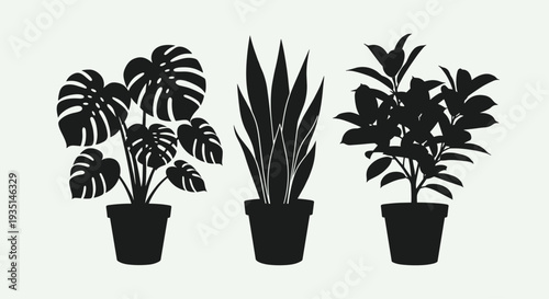 Three black silhouettes of potted plants with different leaf shapes on a light green background, Generative AI.