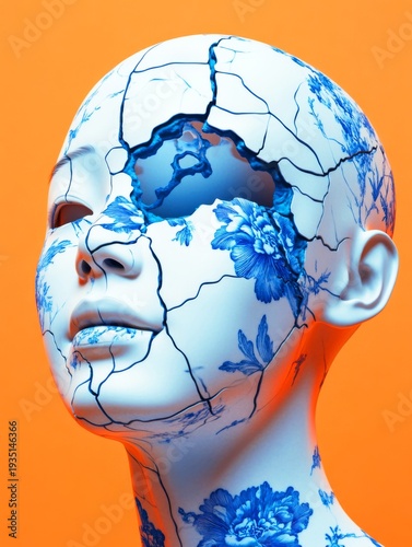 Futuristic Android Face with Broken Porcelain Skin and Blue Floral Pattern
