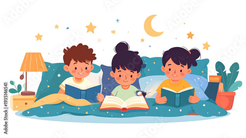 Group of diverse happy children reading books together in a cozy bedroom with pillows and fairy lights flat vector illustration.
