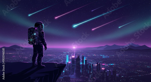 Astronaut gazing at meteor shower over futuristic cityscape at dusk