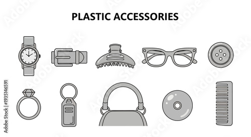 Ten grayscale icons of various plastic accessories arranged in two rows