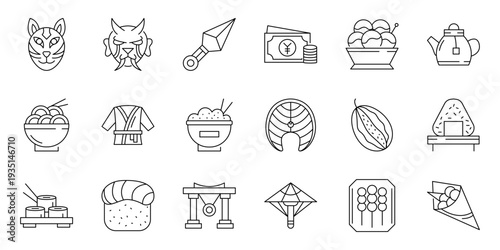 Modern Japanese Culture and Cuisine Line Art Icons Traditional Symbols, Asian Food, Martial Arts, and Daily Life Elements Vector Set for Graphic Design Projects