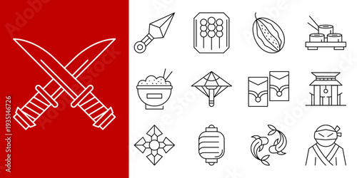 Minimalist Japanese Culture and Ninja Line Icons Collection Featuring Traditional Weapons, Food, Temples, and Cultural Symbols in a Clean Outline Style