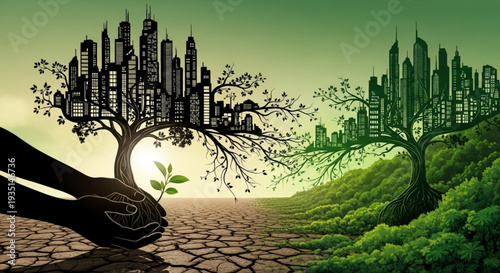 Sustainable urban growth concept with hands nurturing a tree