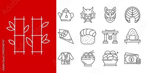 Elegant set of minimalist Japanese culture and food line icons, showcasing traditional items, cuisine, and national symbols