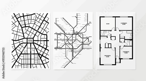 Minimalist Black & White Diagrams: City Road Map, Subway Network, and Office Floor Plan Collection
