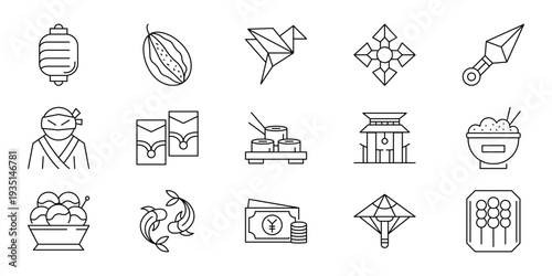 Outline icons of Japanese culture and cuisine sushi, ninja, origami, temples, lanterns, koi fish, and traditional items for modern design