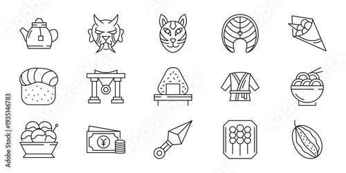 Minimalist outline icon set depicting diverse elements of Japanese culture, cuisine, and traditional items, ideal for contemporary design projects