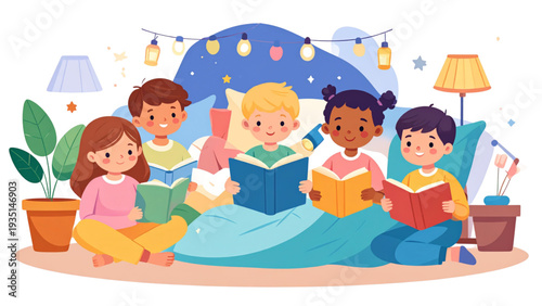 Group of diverse happy children reading books together in a cozy bedroom with pillows and fairy lights flat vector illustration.