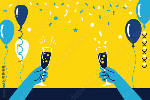 Festive Hands Holding Drinks and Party Items with Bold Colors and Playful Illustrations