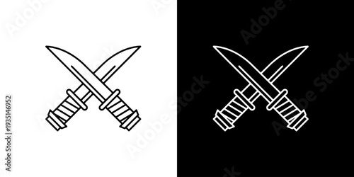 Stylized graphic icon featuring two crossed combat knives in a minimalist line art style, presented on contrasting black and white backgrounds for versatile design applications