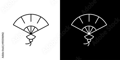 A simple, elegant line art icon illustration of a folding fan on a split black and white background