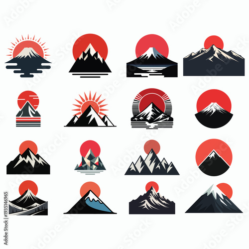 Volcanic mountain icons set with lava eruption and sunrise landscape vector illustration