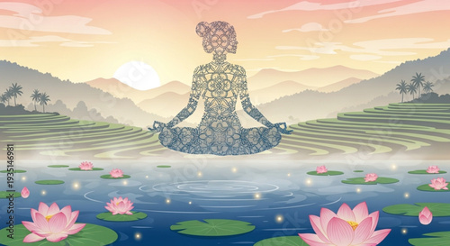 Woman meditating in serene lotus pond with mountain view at sunset
