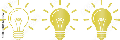 Three glowing yellow light bulb icons in linear and solid styles representing creative ideas innovation energy and bright thinking solutions.