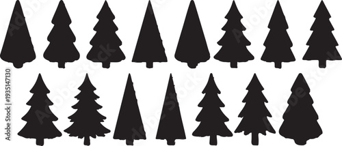 Set of 16 Black Christmas Tree and Fir Tree Silhouettes Vector Icons for Winter Holiday Designs, Nature Graphics, and Festive Decorations