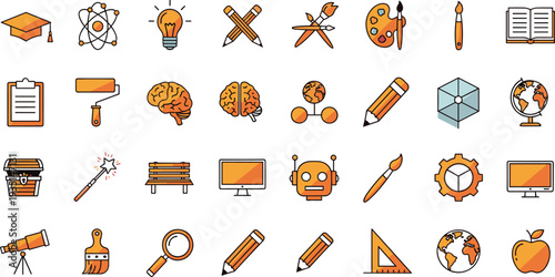 Education and learning icon collection with graduation brain pencil globe science art and school equipment vector illustration set.