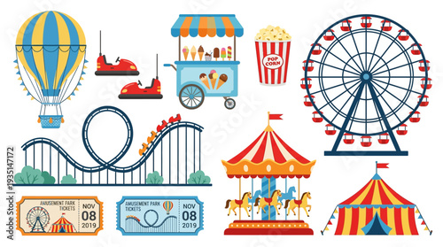 Colorful Amusement Park and Carnival Elements Set. Flat Vector Illustration of Fairground Rides, Attractions, Snacks, and Tickets.