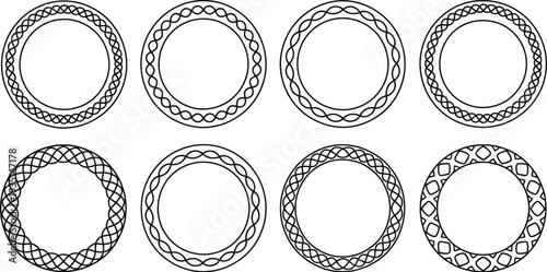 Black and white circular Celtic knot frames and borders with intricate interlaced patterns for decorative graphic design elements.