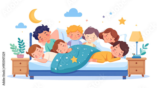 Cute children sleeping in beds at night, kids bedtime scene with pillows blankets stars cartoon vector illustration