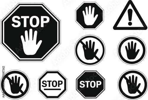 Stop signs and warning icons featuring hand gestures prohibited symbols and octagonal caution safety alerts.