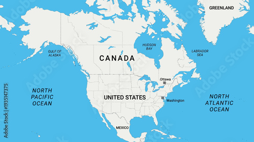 Political Map of North America with Countries, Oceans, and Capitals (USA, Canada, Mexico)