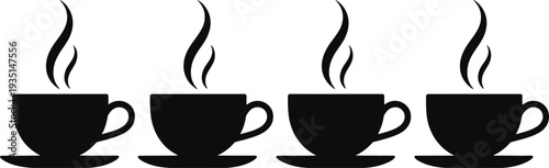 Set of four black coffee cup icons with steam silhouettes isolated on a white background for Caffe and restaurant vector designs.