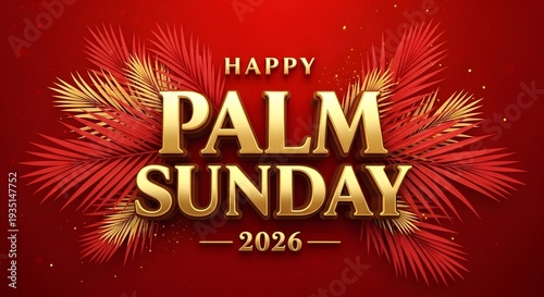 Happy palm sunday 2026 with golden text and red palm leaves on red background
