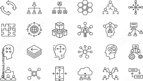 Business and Network Icon Set with Puzzle, Cloud, and Workflow Symbols for Connection, Organization, and Team Collaboration Graphics