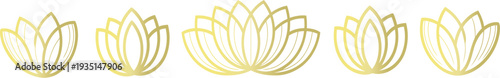 Golden lotus flower outline icons set with elegant line art style vector illustration for wellness spa yoga and meditation concepts.