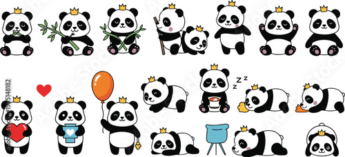 Cute baby panda cartoon character collection with crown bamboo heart balloon sleeping and playful poses adorable animal vector illustration set.