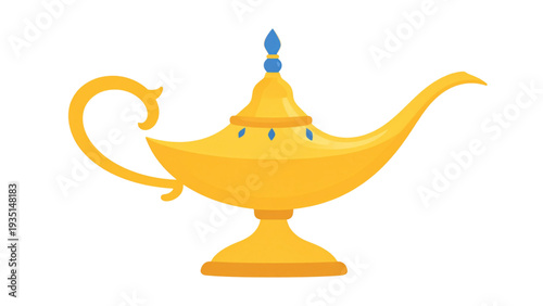 Golden magic lamp illustration inspired by Aladdin fairy tale, Arabian genie lamp icon, fantasy treasure object vector isolated