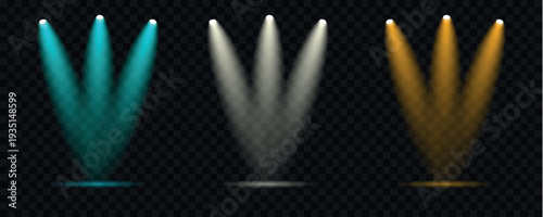 A collection of vibrant spotlights in various colors illuminates a transparent black background creating a dynamic effect