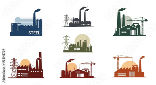 Industrial factory silhouettes with smokestacks and cranes.