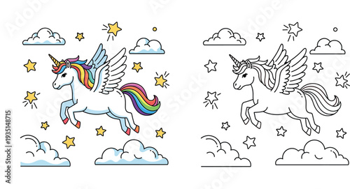 Cute flying unicorn with rainbow mane and wings. Colored and black and white outline version for children coloring book page. Vector illustration with stars and clouds.