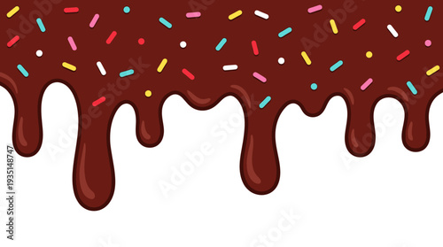 Dripping Chocolate Glaze with Colorful Sprinkles on White Background - Sweet Dessert Topping Vector Illustration