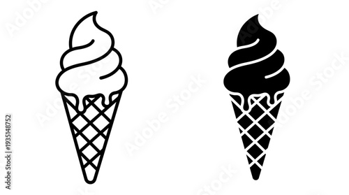Melting Soft Serve Ice Cream Cone Icon Set - Outline and Solid Glyph for Sweet Treats, Summer Desserts & Food Menus