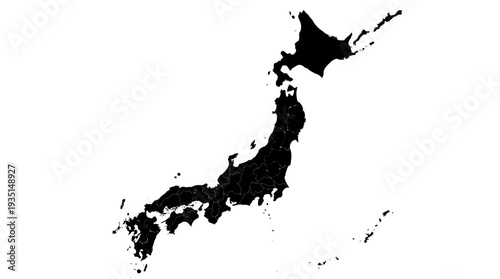 Detailed Black Silhouette Map of Japan with Prefectural Borders on White Background