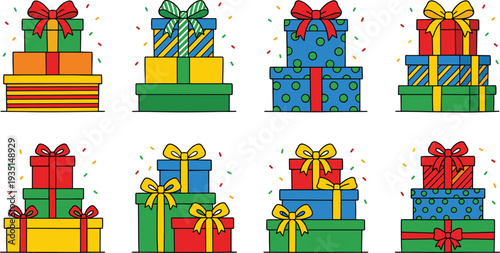 Festive cartoon stacked gift boxes with colorful bows confetti celebration set red green blue yellow ribbons presents vector illustration collectionFestive