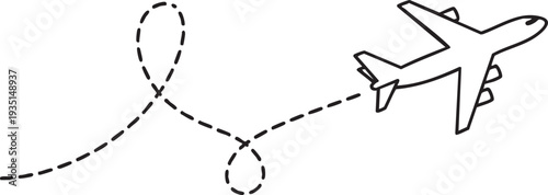 Black and white line of airplane with dashed flight path dashed line travel