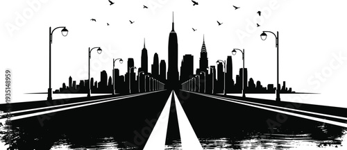 Black and white silhouette vector graphic illustration of a modern city skyline with a perspective highway road and flying birds