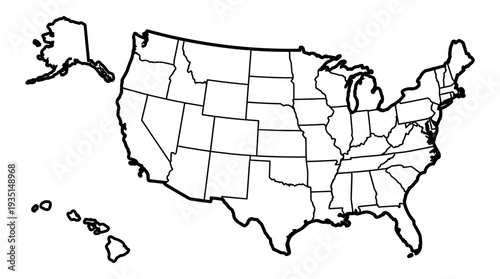 United States Map Outline with All 50 States and Borders - Black & White Vector Style Graphic for Customization
