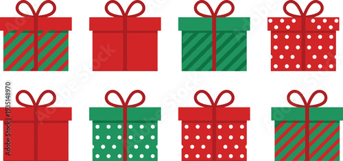 Gift Boxes Christmas Presents Holiday Packages Wrapped Boxes Red Green Bows Ribbons Polka Dots Stripes Cartoon Vector Illustration Collection