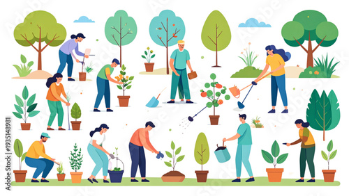 Flat vector illustration collection of diverse people gardening planting trees watering flowers and organic farming in a community garden.
