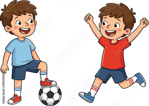 Happy cartoon boy soccer player set balancing ball with foot and jumping celebrating victory cheerful kid football fun vector illustration